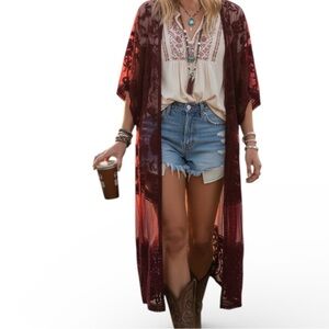 Dizzy Gal Burgundy Embroidered Floral Lace Mesh Open Front Long Kimono Duster